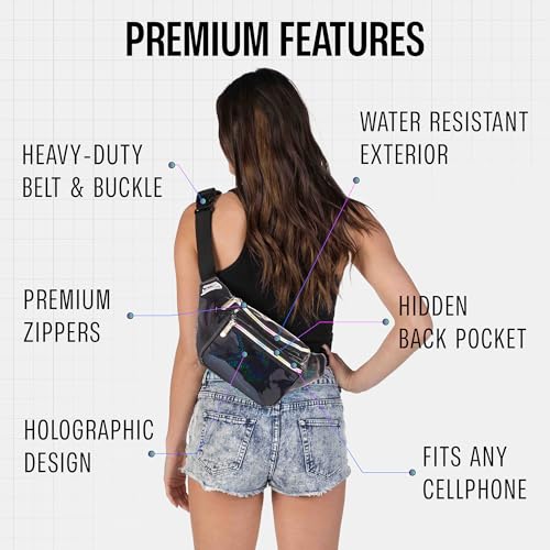 Black Holographic Fanny Pack Belt bag - Crossbody Waist Bag for Men or Women - Hands-Free, Waterproof Large Bumbag for Hiking, Running, and Travel - color: Glitter - Black