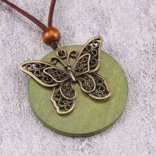 GelConnie Leather Necklace for Women Round Wooden Pendant Long Leather Choker Vintage Sweater Necklace Gold Chunky Boho Necklaces for Women - style: Butterfly Wooden Necklace
