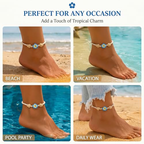 Long tiantian Gold Anklet Bracelet for Women Flower Anklet Summer Beach Vacation Jewelry Gift Boho Chic Foot Chain - color: blue
