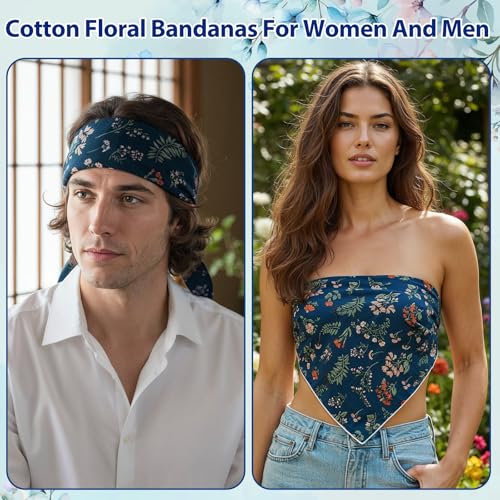 Navy Blue Floral Bandana, 21.7" Square Cotton Bandana Headscarf Hair Handkerchief, Women Bandanas Headbands for Beach Camping Running