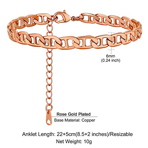 ChainsHouse Ankle Bracelets for Women, Stainless Steel Chain Anklets Waterproof, Women Summer Beach Jewelry Gift, Come with Box - color: 11. 6mm-Flat Marina-Rose Gold