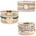 Leather Wrap Bracelet Set 3Pack Wrist Cuff Bracelet for Women Multilayer Magnetic Clasp Bracelet Feather Tree Bead Crystal Bracelet - color: Pearl Love