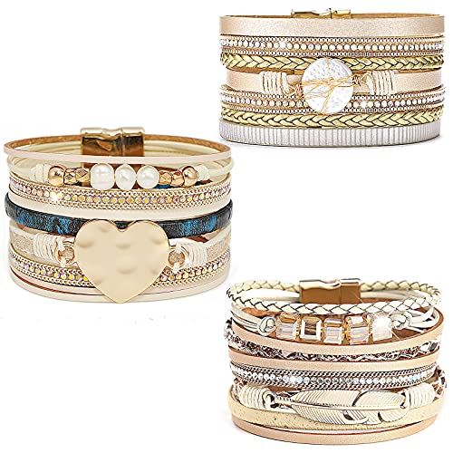 Leather Wrap Bracelet Set 3Pack Wrist Cuff Bracelet for Women Multilayer Magnetic Clasp Bracelet Feather Tree Bead Crystal Bracelet - color: Pearl Love