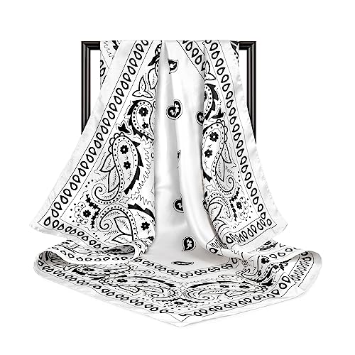 DRESHOW 35” Large Square Satin Head Scarf - 4Pcs Silk Accessories Classic Patterned Squares Beach Bandanas for Women - color: 4 Pcs: Black, White, Brown, Navy Blue