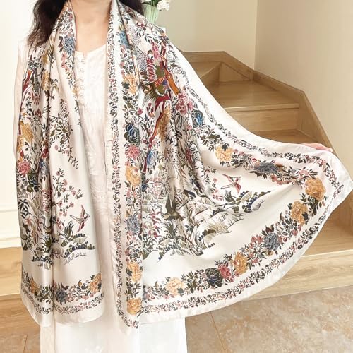 Long Silk Like Scarf Lightweight Satin Scarves Large Sunscreen Shawl Wrap for Women - color: 007.birds and Flowers White