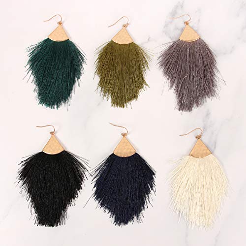 Bohemian Silky Thread Fan Fringe Tassel Statement Earrings - Lightweight Strand Feather Shape Dangles - color: Feather Fringe - White
