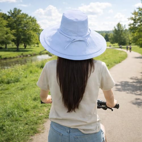 Wide Brim Sun Hat for Women Reversible Beach Hats Metal Wired Edge Gardening Hats, UPF 50+ Bucket Summer Hat - color: Blue Beige