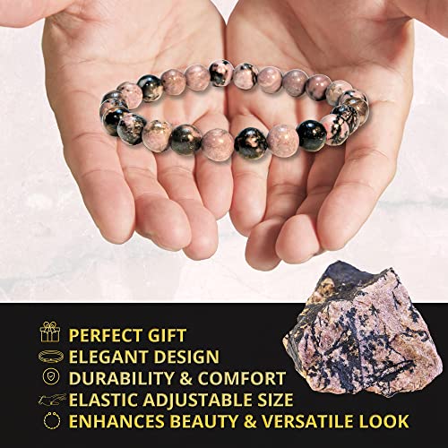 ANAYA AGATE Healing Crystal Bracelet for Women and Men – 8mm Round Beaded Bracelet for Men and Women – Unisex Stretchy Gemstone Bracelet for Healing and Protection - color: Rhodonite