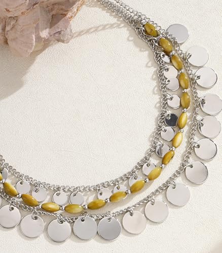 Noessla Layered Beaded Chunky Necklace for Women Boho Two-color Shell Statement Necklace Fashion Collar Costume Jewelry Gifts for Mum - color: 94-Yellow