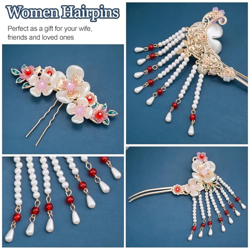 HINZIC Camellia Flower Tassels Hairpin Set for Women, Non-Slip Rhinestone Pearl Clover Hair Clips Headpiece, Retro Chinese Hanfu Wedding Brides Hair Accessories for Long Hair - color: White