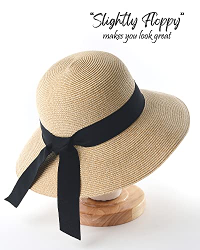 FURTALK Womens Beach Sun Straw Hat UV Protection Travel Packable Foldable Brim Summer UV Hat - color: Mixed Beige Khaki, size: Medium-Large