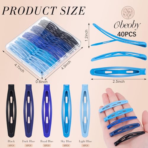 Obeoby 40 Pcs 5 Colors Metal Snap Hair Clips for Women Girls, 2.36 Inch Blue Black Barrettes Accessories Gifts - color: Blue