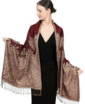 Achillea Reversible Paisley Pashmina Rave Scarf – Exotic Indian Shawls and Wraps for Evening Dresses, Festivals, All Seasons - color: Big Paisley Burgundy