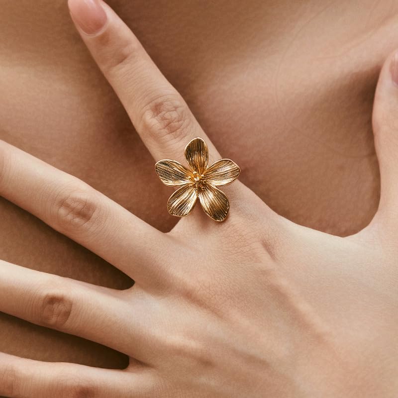 Chic Flower Adjustable Open Finger Statement Ring for Women 18K Gold Vintage Plant Floral Stackable Wrap Knuckle Middle Rings Dainty Extendable Cocktail Party Holiday Jewelry