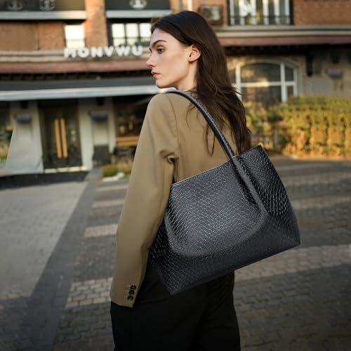 KKXIU Tote Bag for Women Vegan Leather Shoulder Purse Large Capacity Travel Bag - color: Black02