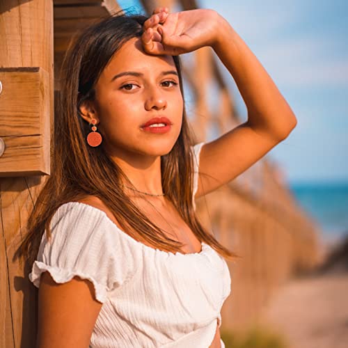 Boho Raffia Ball Earrings for Women, Handmade Statement Drop Earrings Straw Dangle Earrings Beach Vacation Jewelry - color: Orange