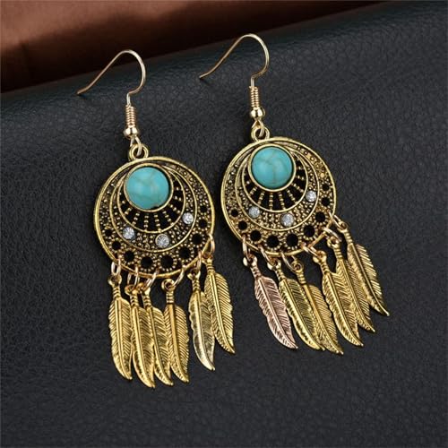 Boho Turquoise Drop Earrings Retro Long Copper Feather Tasse Metal Leaf Dangle Earrings Vintage Country Western Jewelry Cowgirl Ethnic Style Geometric Concert Festival Accessories for Women - color: Gold Feather