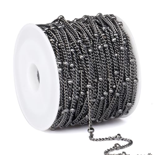 33 Feet Gunmetal Satellite Curb Chain Roll, 2mm 304 Stainless Steel Black Ball Beaded Twisted Link Chains Spool Bulk for Jewelry Making DIY Craft - color: Black Small Beads Satellite Curb Chain