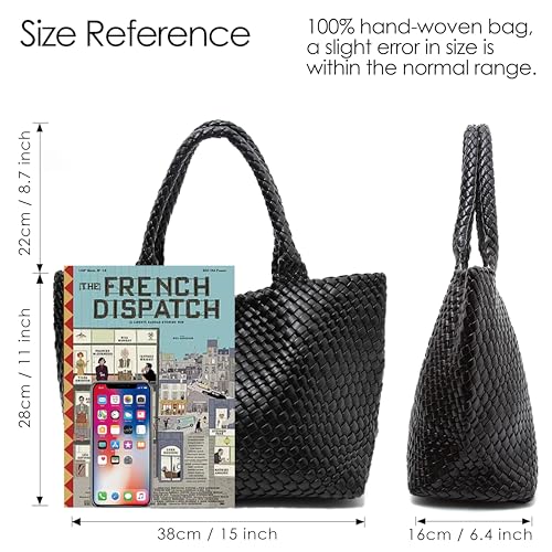 Handmade Woven Tote Bag for Women, Soft Vegan Leather Shoulder Bag with Purse, Large Travel Handbag - color: Black