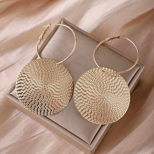Boho Large Hoop Earrings for Women Oversized Chunky Coin Dangle Earring Hammered Big Disc Loop Earrings Trendy Party Jewelry Accessories Gifts - color: Gold