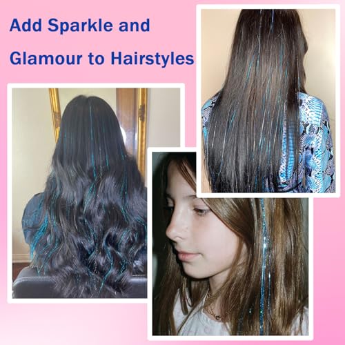 NIACONN Glitter Hair Tinsel Extensions Kit Blue with Tools and Beads, 48 Inch Sparkly Fairy Colorful Tensile Strands Shiny Hair Accessories for Women Girls Kids - color: Blue