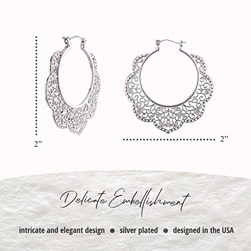 Bohemian Boho Filigree Hoop Earrings for Women – Intricate & Delicate Cutout Design Details – Tribal Floral Gypsy Lightweight Geometric Metallic Statement Earrings - style: Outer Floral - Silver