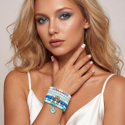 GOOJIDS Surfer Heishi Clay Bead Bracelets for Women Bohemian Stackable Gold Plated Beaded Stretch Bracelets Elastic Layering Friendship Bracelets Set Boho Jewelry - color: B-Blue Seashell Set