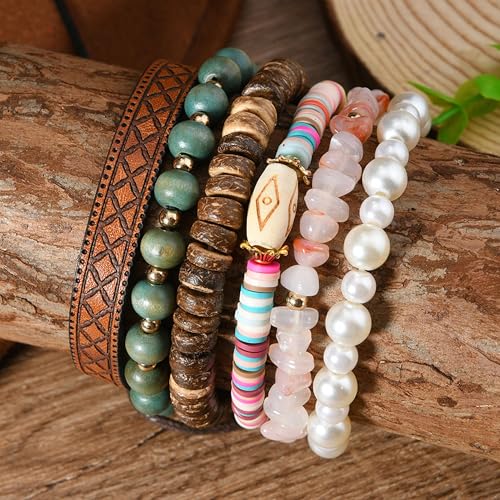 Long tiantian Western Turquoise Beaded Bracelet Set for Women Stackable Cowgirl Bracelets Boho Concho Jewelry Country Concert Rodeo Outfit Accessories Gifts - color: E3:western wooden dress