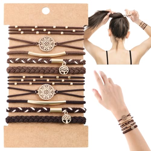 DIYDEC 10PCS Hair Ties Bracelet for Women 5 Styles Soft Braided Boho Hair Bands Elastic No Damage Hair Ties for Girls thick Thin Long Curly Hair Accessories - color: Brown