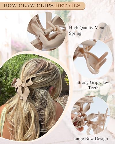 4 PCS Bow Hair Clips Bow Claw Clip for Women, Large Hair Claw Clips for Thin Thick Long Hair Cute Nonslip Bows (Black+Grey+Dark Brown+Light Brown) - color: Black+Grey+Dark Brown+Light Brown