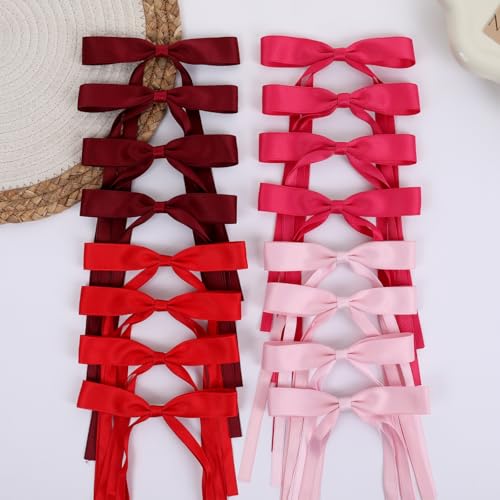 WORTL Hair Bows Clips Coquette Ribbon Bowknot with Long Tail Princess Hair Bows French Barrettes Hair Accessories for Women Girls 16PCS (Red, Rose red, Wine red, Pink) - color: Red, Rose red, Wine red, Pink