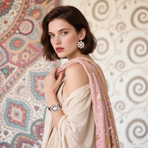 4 PCS Western Turquoise Jewelry for Women Boho Vintage Navajo Pearl Necklace Earring Bracelet Ring Set Country Cowgirl Accessories for Gift - color: K-White