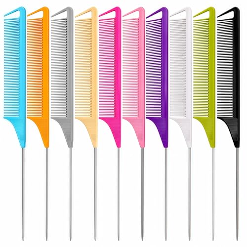 Schembo 10 Packs Rat Tail Combs Metal Pick Styling Parting Lightweight Sectioning Fine Tooth Combs with Heat Resistant Teasing Comb for Women, Men, Girls Hair Styling