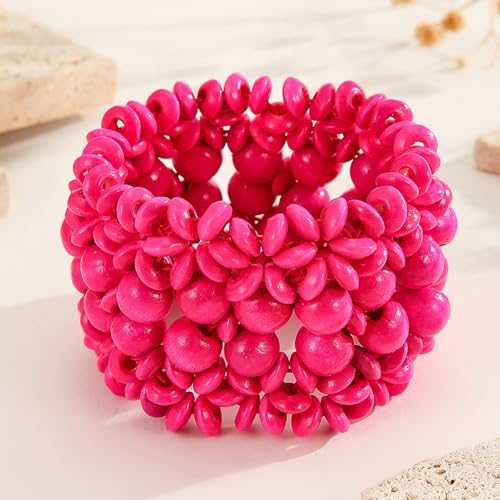 Boho Wide Chunky Colorful Wooden Thick Shell Elastic Stretch Bracelet Handmade Bohemia Summer Beach Vacation Adjustable Lightweight Wood Wristband Jewelry for Women - color: pink