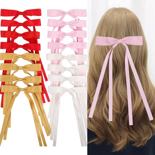 WORTL Hair Bows Clips Coquette Ribbon Bowknot with Long Tail Princess Hair Bows French Barrettes Hair Accessories for Women Girls 16PCS (red，Cream，Pink，Yellow) - color: red，Cream，Pink，Yellow