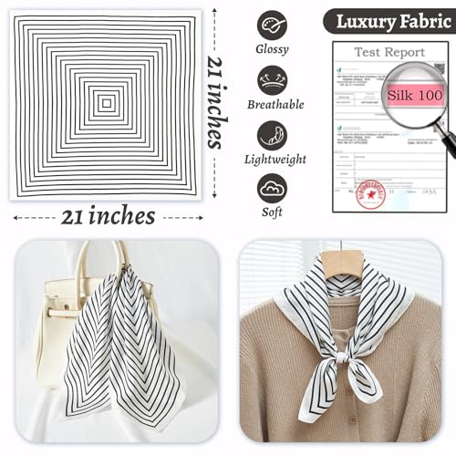 100% Mulberry Silk Neck Scarf 21''x21'' Small Square Hair Scarf for Women Men Lightweight Bandana Envelope Package - color: Classic Stripe- White