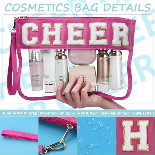 BuyCard Cheer Chenille Letter Bags Clear Makeup Bag, Cheerleader Gifts Cosmetic Bag, Varsity Preppy Patch Flat Pouch Cheer Accessories, Waterproof PVC Organizer Toiletry Bag for Women Girls - color: Rose Red-Cheer