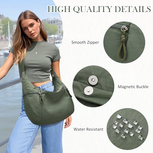 VASCHY Crossbody Crescent Bag for Women, Casual Lightweight Nylon Large Slouchy Hobo Bags Purses for Travel/Gym/Work/College - color: Deep Green