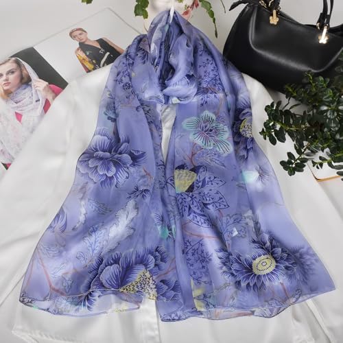 100% Mulberry Silk Women's Neck Silk Scarf-Lightweight Shawl,FLoral Print Beach Silk Wrap-Scarves for Photography - color: Blue