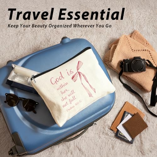 Coquette Pink Bow Christian Makeup Bag, God Is Within Her She Will Not Fall Cosmetic Bags for Women, Christian Bible Verse Gifts for Women, Preppy Aesthetic Zipper Makeup Pouch - color: 01-God Is Within Her She Will Not Fall