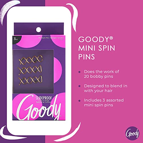 Goody SlideProof Mini Spin Pins - 3 Ct, Assorted Colors, Spiral Hair Pins, Quick & Easy Buns, All-Day Twist Pins, Corkscrew Bobby Pins, Pain-Free Hair Accessories for Women & Men, All Hair Types - color: Assorted Colors