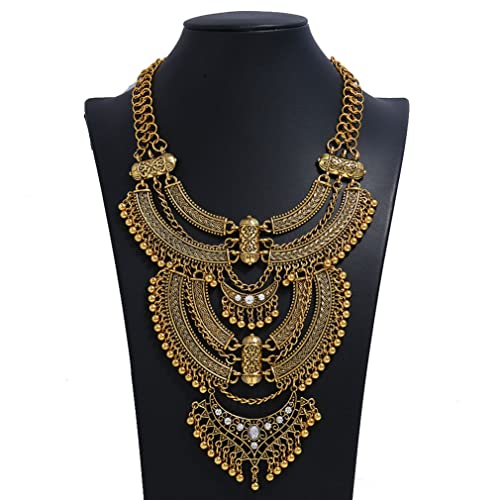 YAZILIND Clavicle Chunky Bib Necklace Layered Tassels Rhinestone Exaggerated Vintage Ethnic Long Engraved Bohemian Statement - color: Ancient gold