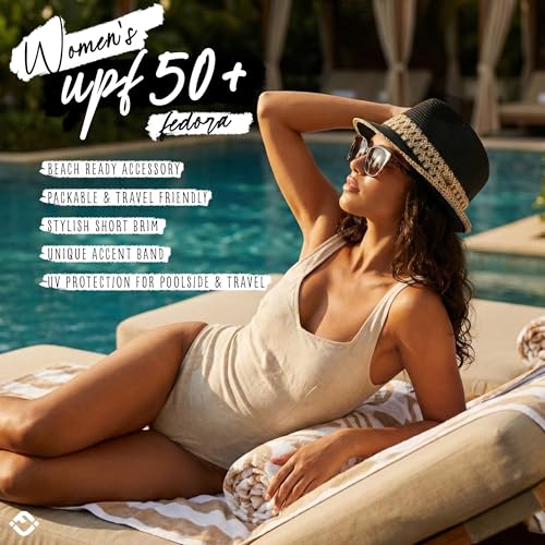 Funky Junque Straw Fedora Hats for Women - UPF 50+ Sun Hat, Short Brim Packable Beach Hat with Woven Pattern - color: Black/Natural