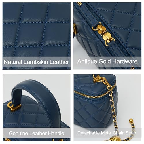 DORIS&JACKY Small Quilted Box Crossbody Purse For Women, Designer Lambskin Leather Mini Top Handle Tote Bag With Chain Strap - color: 4-blue