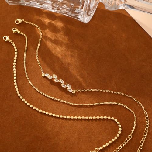 MIDEEO Gold/Silver Ankle Bracelets for Women,14K Gold Anklets for Women Waterproof Cuban Link Heart Beads Herringbone Rhinestone Anklets Set Layered Anklet Bracelets for Women Gold Jewelry Gift - style: 3Pcs Anklets I-Gold