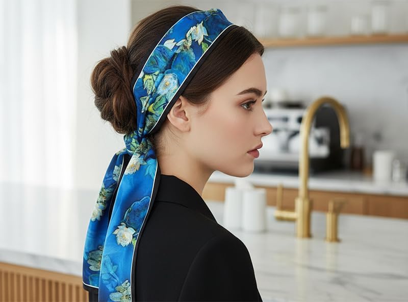 ANDANTINO 100% Silk Scarf for Women 59”*6.3” Long Shawls for Headscarf and Neck- Oblong Hair Wraps with Gift Packed - color: Water Lilies