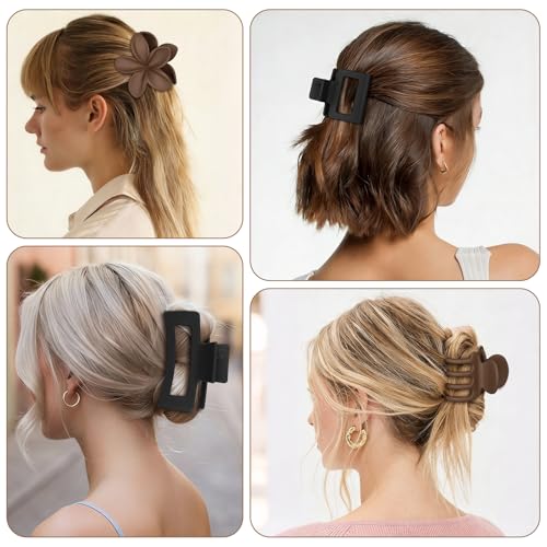 8 Pcs Neutral Matte Hair Claw Clips Set, Strong Hold Non-Slip Jaw Clips for Women Girls, Rectangle & Flower Design Hair Clips for Thick/Thin Hair, Daily & Styling Accessories（Black） - color: Black