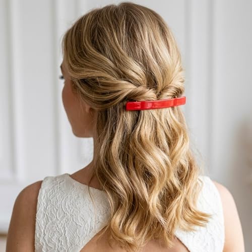 French Amie Long and Skinny Bar Large 4 1/4" Cellulose Acetate Handmade Automatic Hair Clip Barrette with No Slip Sturdy Silver Clasp for Women and Girls, Made in France (Red) - color: Red