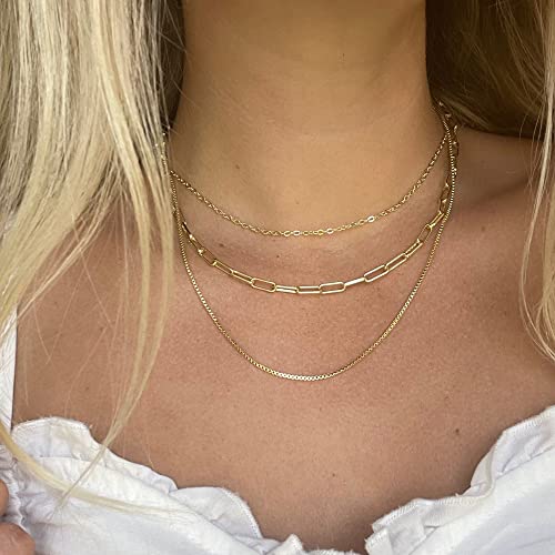 CHESKY Layered Necklaces for Women, 14K Gold Plated Chain Necklace Women Trendy Cuban Link Paperclip Chain Toggle Clasp Necklace Fashion Chunky Jewelry for Women - style: Paperclip/Box-GD
