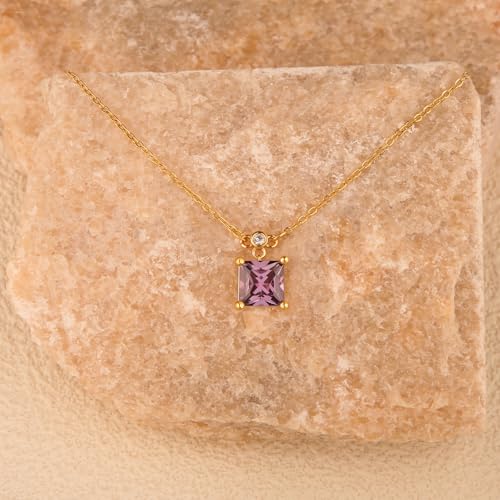 18K Gold-Plated Non Tarnish Birthstone Necklace for Women, 5A Princess Cut Cubic Zirconia Pendant, Birthday Anniversary Valentine's Gift, 18-20 Inches - color: 2-Feb-Light Purple